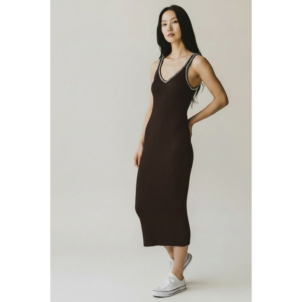 Caroline Constas Brown Ribbed Knit Maxi Dress Medium Casual Summer Beach